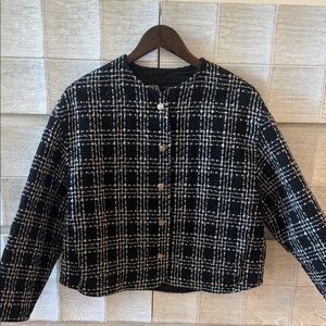 Zara - Black & White Plaid Tweed Button-Up Jacket